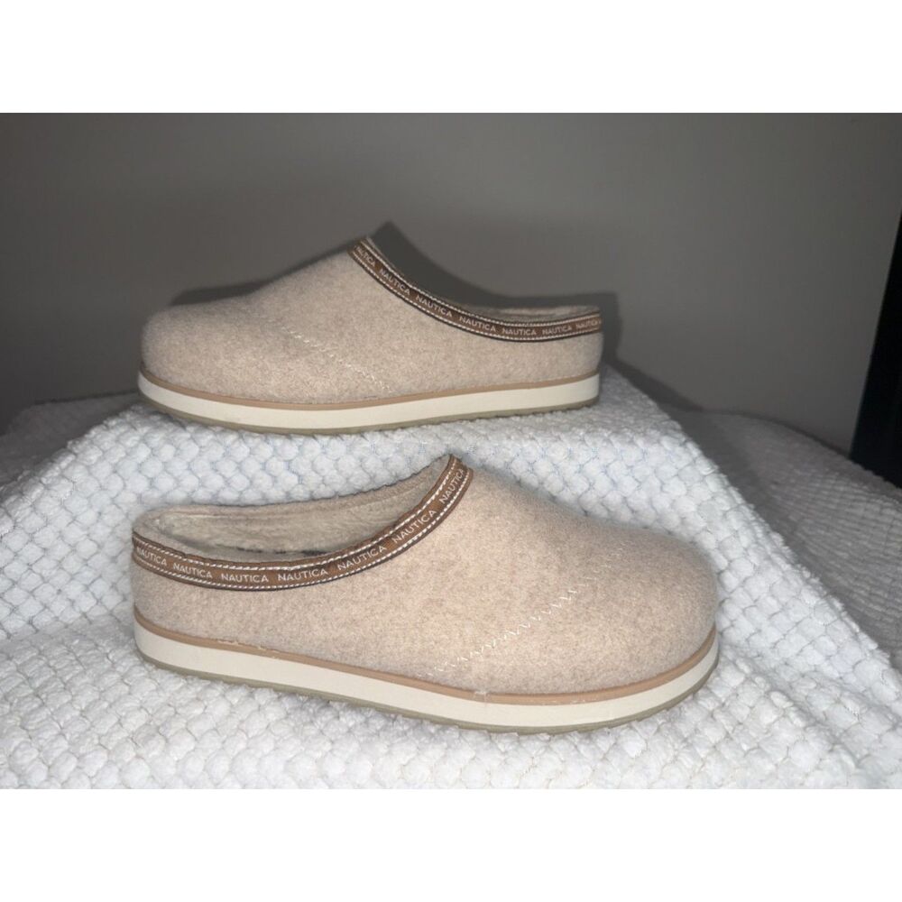 Nautica Women's Beige Faux Fur Lined Boho Clog Slip On Shoes Size 7